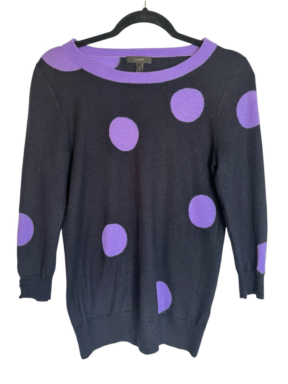J. Crew 100% Wool Dark Navy Small Tippi Sweater with Purple Polka Dots and Trim